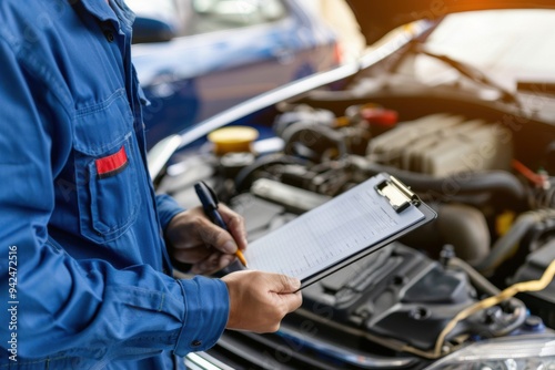 Wallpaper Mural Closeup car repairman writing job checklist on clipboard and standing in front of open car engine Torontodigital.ca