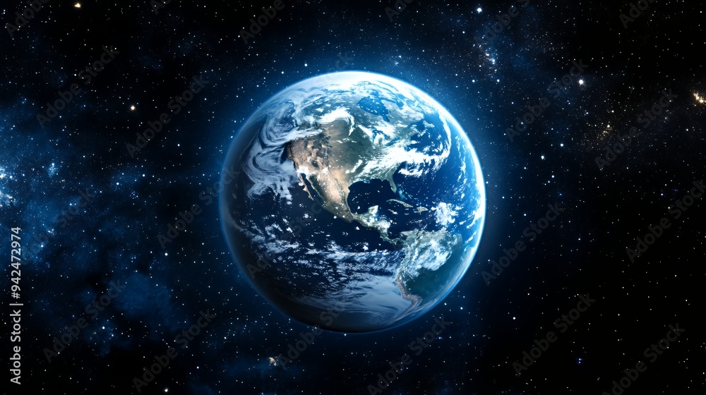 A stunning view of Earth from space, showcasing its oceans and continents against a starry backdrop. A stunning view of Earth from space, showcasing its oceans and continents against a starry backdrop.