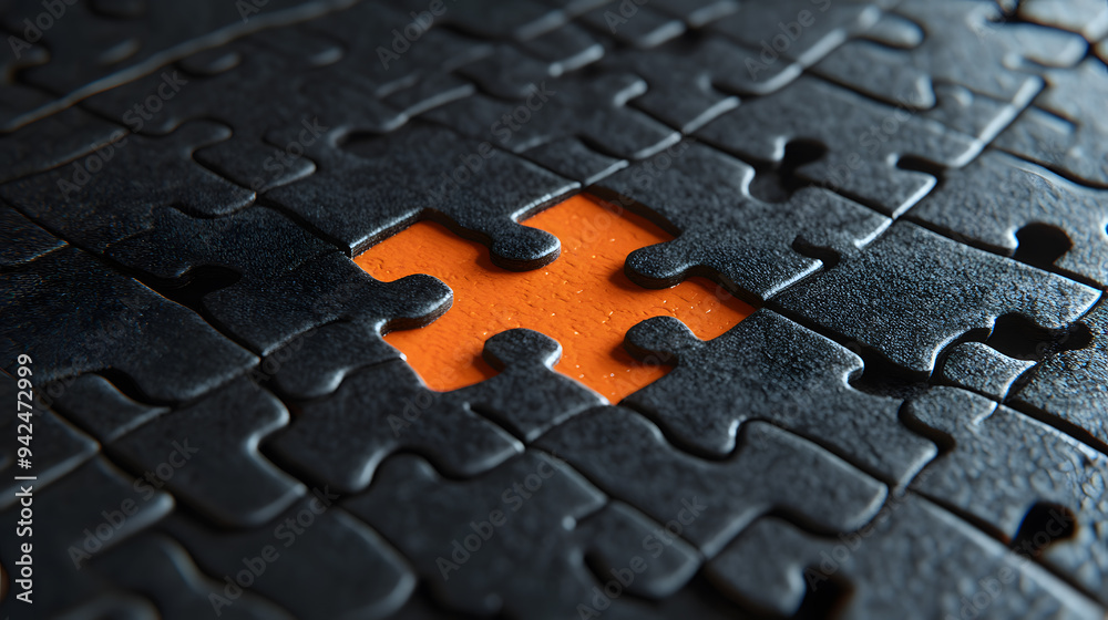 A single orange puzzle piece standing out amidst a sea of black puzzle pieces. It symbolizes individuality and uniqueness. A single orange puzzle piece standing out amidst a sea of black puzzle pieces. It symbolizes individuality and uniqueness.