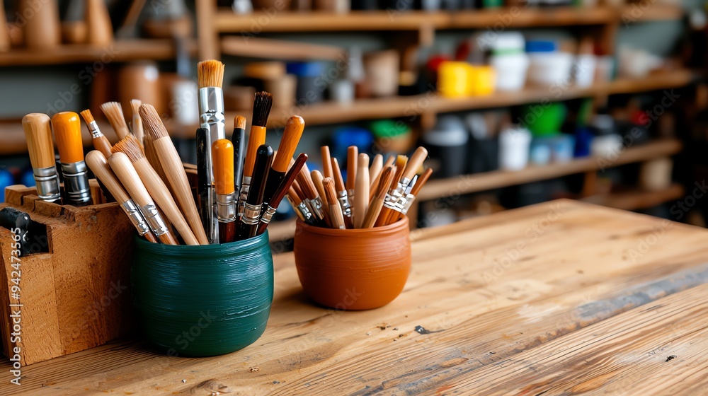 Artistic workspace with assorted paintbrushes in containers on a wooden table, inspiring creativity and craftsmanship. Artistic workspace with assorted paintbrushes in containers on a wooden table, inspiring creativity and craftsmanship.