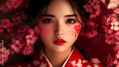 A young woman in a red kimo...