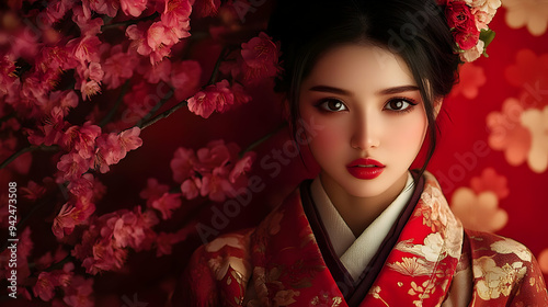 A young woman in a red kimo...