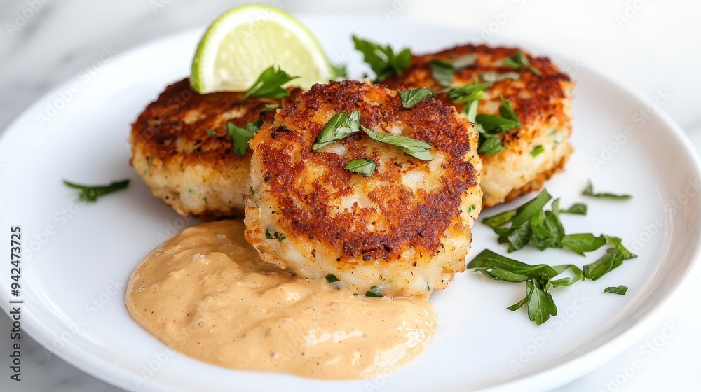 Delicious Fried Crab Cakes with Creamy Sauce and Parsley Delicious Fried Crab Cakes with Creamy Sauce and Parsley