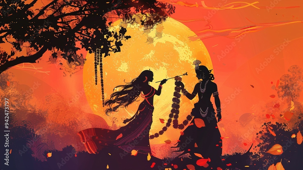 Silhouette of Krishna and Radha under a Full Moon Silhouette of Krishna and Radha under a Full Moon