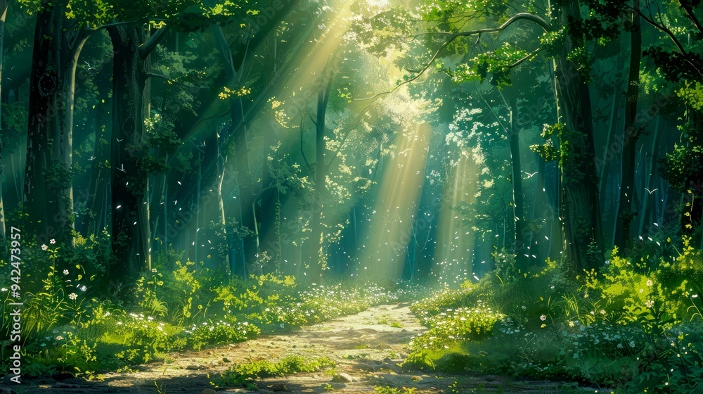 Fototapeta premium Sunbeams Illuminate a Path Through a Lush, Forested Landscape