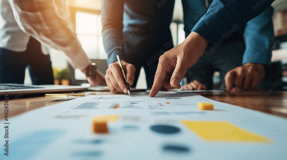 Strategic Collaboration: Business minds unite, their hands guiding the way through data-driven insights, highlighting the power of teamwork and analytical thinking in achieving success.