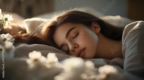 A young woman sleeps peacef...