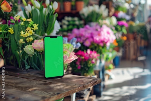 hand holds smartphone with blank green screen in flower shop background