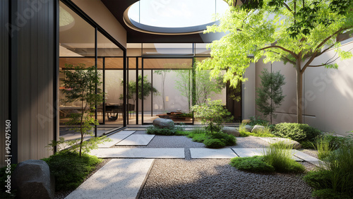 Blending modern simplicity with natural light from a circular skylight, this architectural space uses glass walls and indoor greenery to create a tranquil, airy setting with a spacious feel