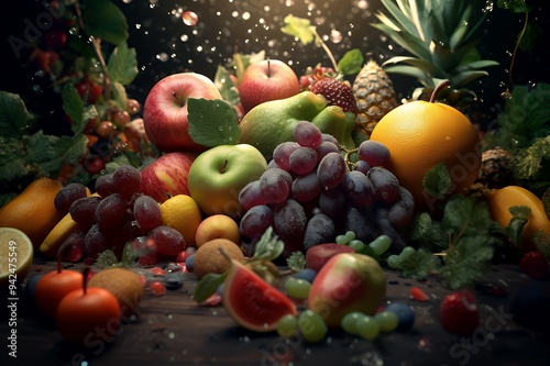 A vibrant assortment of fresh fruits arranged artistically with a sparkling background.