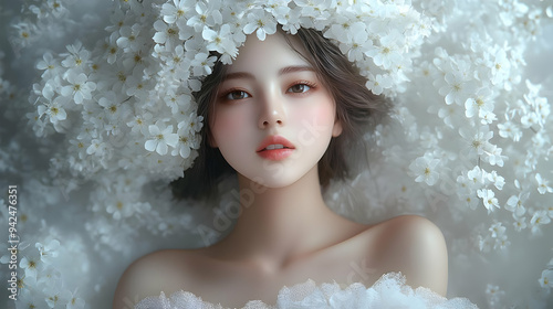 A young woman with delicate features lies amongst a field of white blossoms, her eyes closed in peaceful repose.