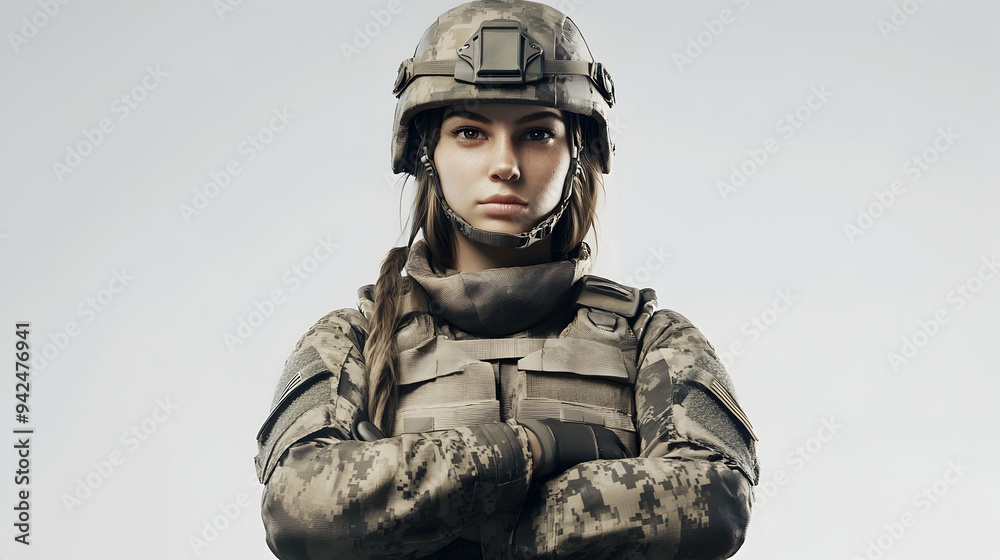 A female soldier in camouflage uniform and helmet, standing with arms crossed. A female soldier in camouflage uniform and helmet, standing with arms crossed.