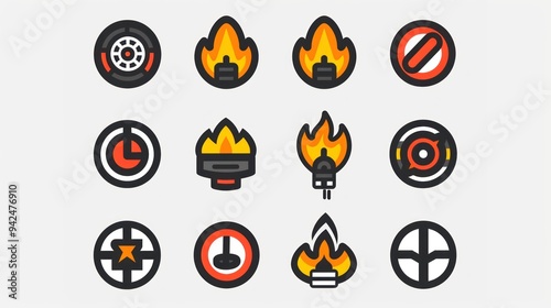 Set of abstract icons with circles and flames.