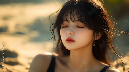 A young woman with long bla...