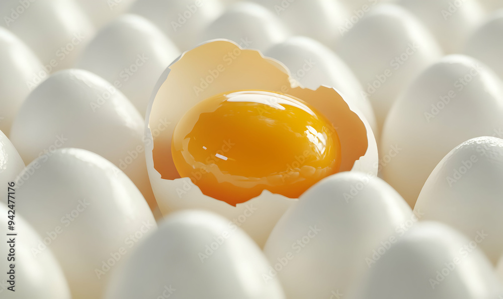 Close-up image of a single cracked egg yolk surrounded by whole eggs. Close-up image of a single cracked egg yolk surrounded by whole eggs.