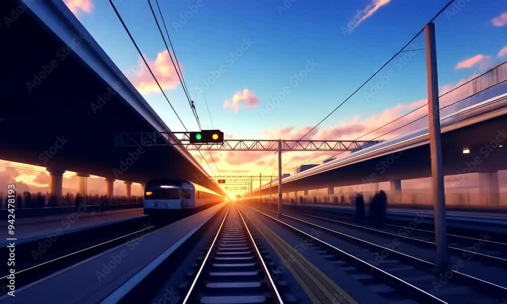 Loop animation.A vibrant sunset over a bustling train station with a modern train in motion. Loop animation.A vibrant sunset over a bustling train station with a modern train in motion.