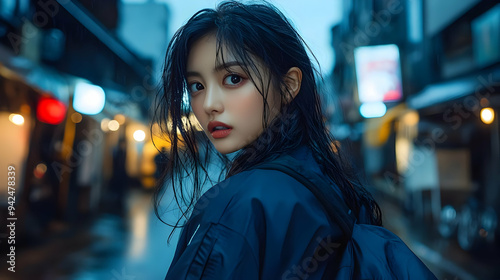 A young woman with long black hair stares intently over her shoulder while walking through a city street at night.