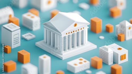 3D Cityscape with White Bank Building and Gold Coins