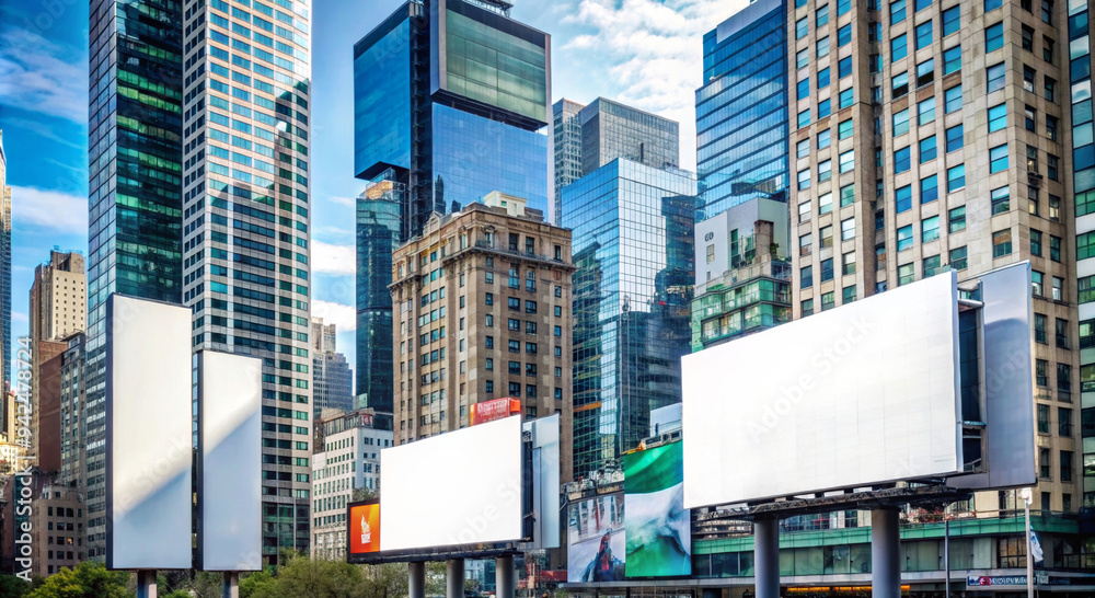 Vertical and horizontal billboards on the background of business centers Vertical and horizontal billboards on the background of business centers