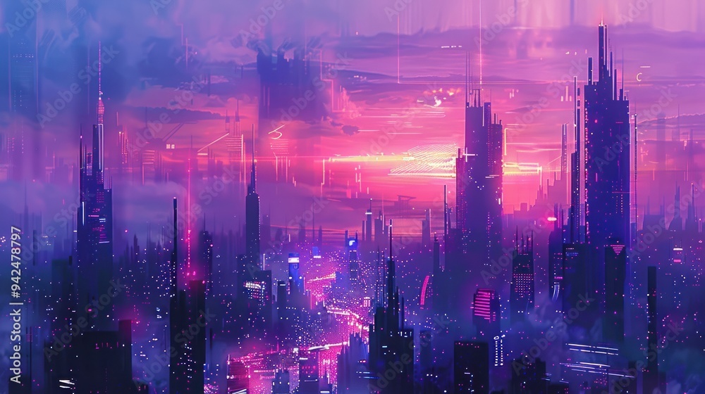 Fototapeta premium Futuristic City Skyline at Sunset.