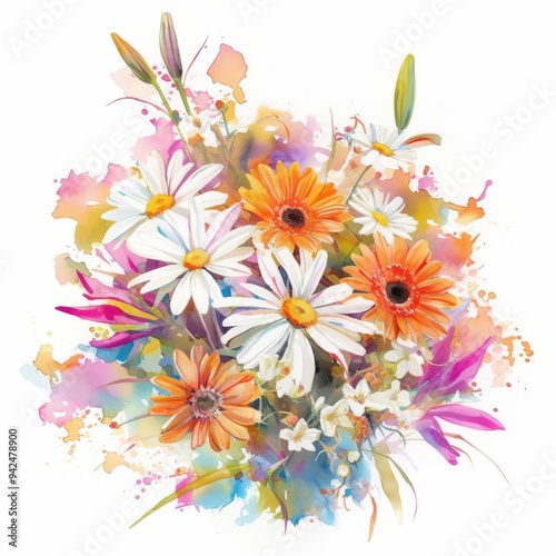 watercolor painting of a colorful bouquet of gerbera daisies and lilies, on isolated white background