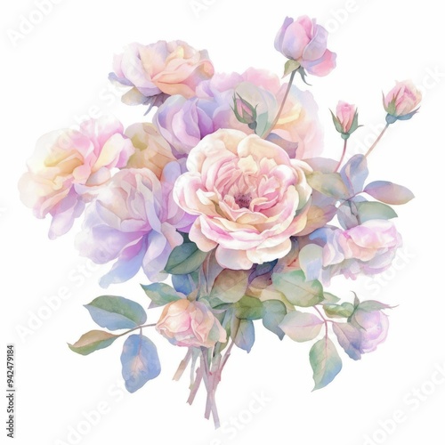 Wallpaper Mural watercolor painting of a delicate bouquet of roses in pastel shades, on isolated white background Torontodigital.ca