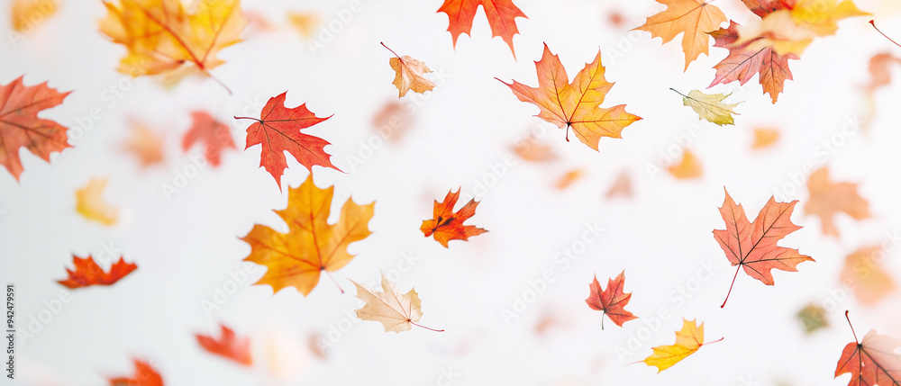 Fresh maple leaves falling and flying on white background. Beautiful autumn leaves season. Fresh maple leaves falling and flying on white background. Beautiful autumn leaves season.