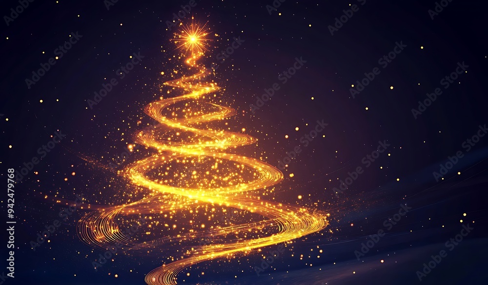A vector illustration of a glowing Christmas tree, on a black background with a copy space area for text and graphics A vector illustration of a glowing Christmas tree, on a black background with a copy space area for text and graphics