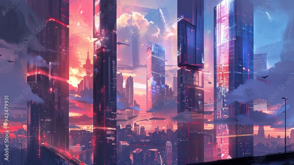 Fototapeta premium Futuristic City Skyline with Glowing Towers.
