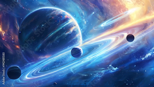 An artistic rendition of a celestial scene portraying multiple vibrant planets with glowing rings against a deep blue nebulous background, ideal for themes related to space and astronomy, illustration photo