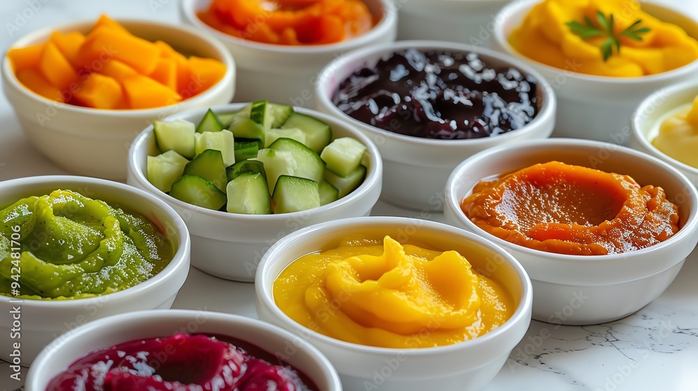 A variety of colorful vegetable and fruit purees in small white bowls. Perfect for healthy meal inspiration and culinary presentations. A variety of colorful vegetable and fruit purees in small white bowls. Perfect for healthy meal inspiration and culinary presentations.