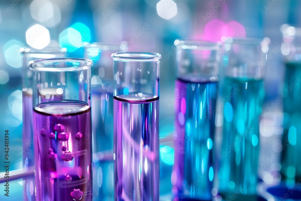 A blue and white background with test tubes, beakers of different sizes filled with various colorful liquid with laboratory equipment in the foreground. The focus is on one glass tube containing purpl