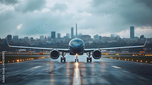 Airplane on runway with cit...