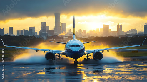Airplane taxiing on runway ...
