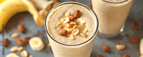 Close-up of a delicious banana peanut smoothie garnished with nuts, ideal for a healthy breakfast or refreshing snack.