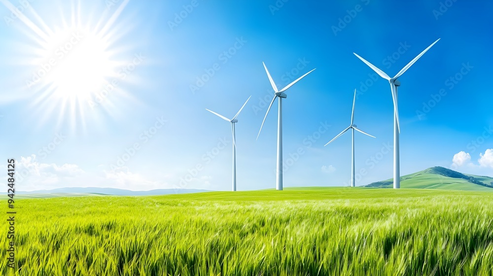 Wind Turbines in Green Field, Sustainable Energy Wind Turbines in Green Field, Sustainable Energy
