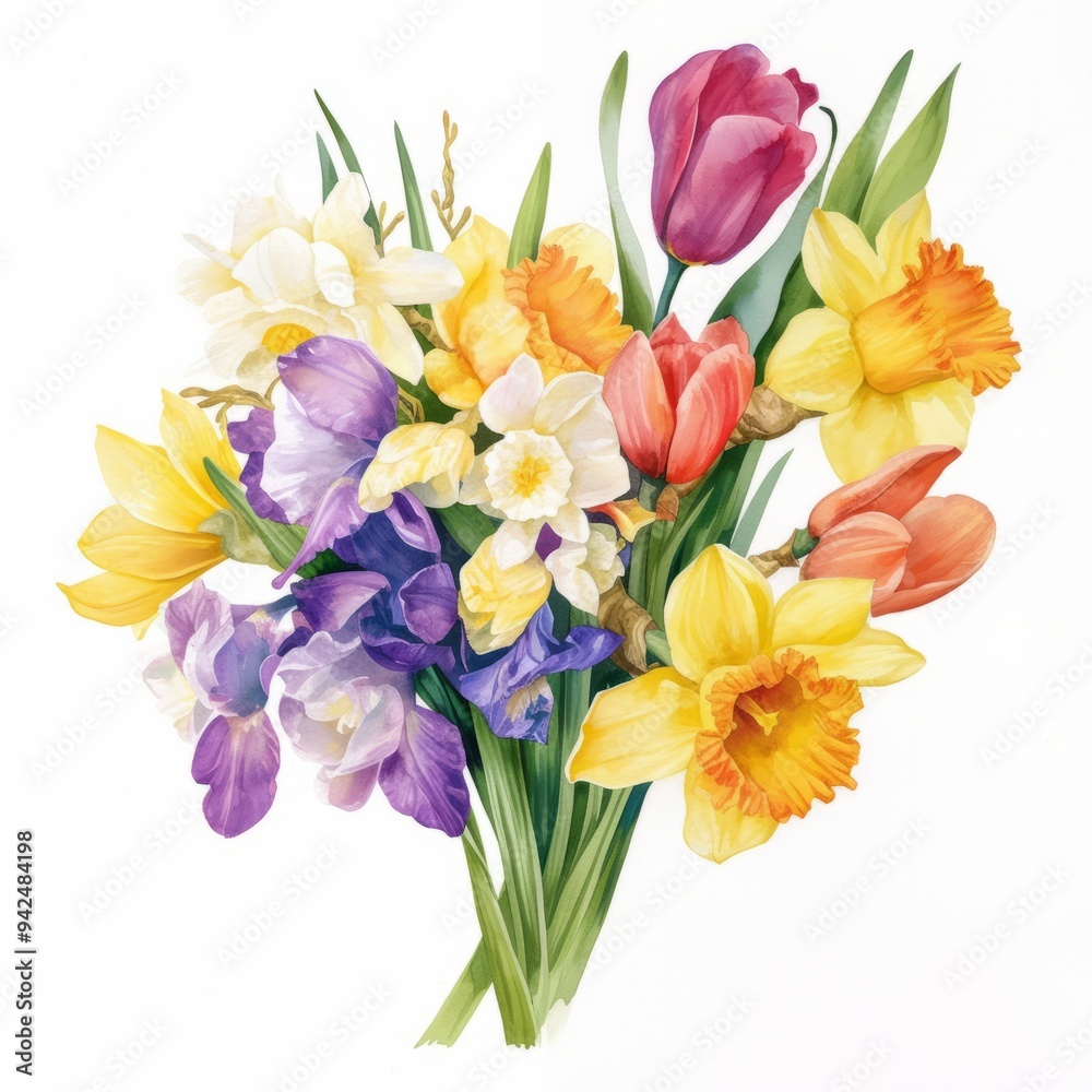 watercolor painting of a vibrant bouquet of mixed tulips and daffodils, on isolated white background watercolor painting of a vibrant bouquet of mixed tulips and daffodils, on isolated white background