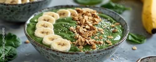 Healthy green smoothie bowl topped with fresh banana slices and crunchy granola, perfect for a nutritious breakfast or snack.