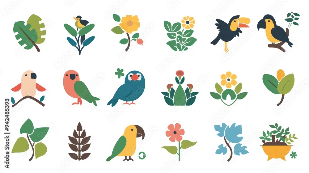 Colorful Bird and Plant Illustrations. Colorful Bird and Plant Illustrations.
