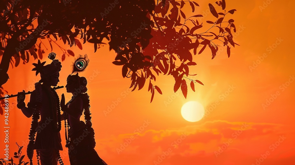 Silhouette of Krishna and Radha Against an Orange Sunset