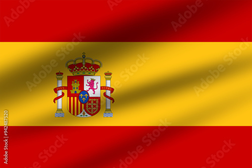 Realistic Spanish Flag developing in the wind with coat of arms with crowns, a lion and a castle on the background of a shield. Wavy flag with light and shadow