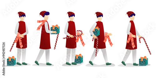 Set of happy cartoon people walking with Christmas gift boxes