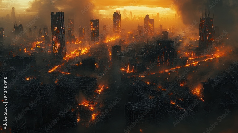 Fototapeta premium Apocalyptic Cityscape Burning Buildings Disaster Aftermath