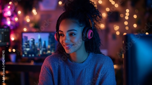 Woman Listening Music Headphon photo