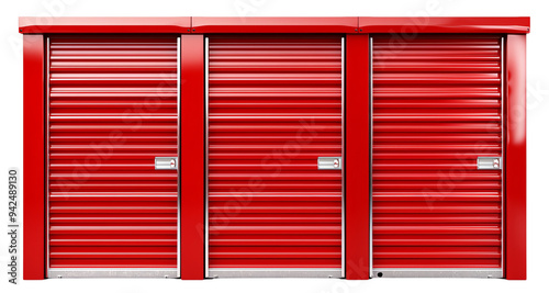 Bright red storage units lined up for easy access and organization. Ideal space for personal or business storage solutions. photo