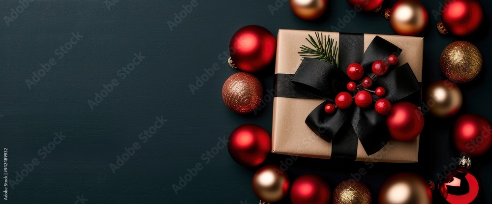 Christmas Gift with Red and Gold Ornaments on Dark Background Christmas Gift with Red and Gold Ornaments on Dark Background
