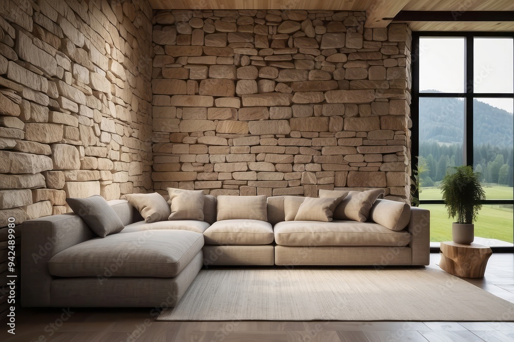 Modern Sectional Sofa in a Room with Stone Walls and a View Modern Sectional Sofa in a Room with Stone Walls and a View