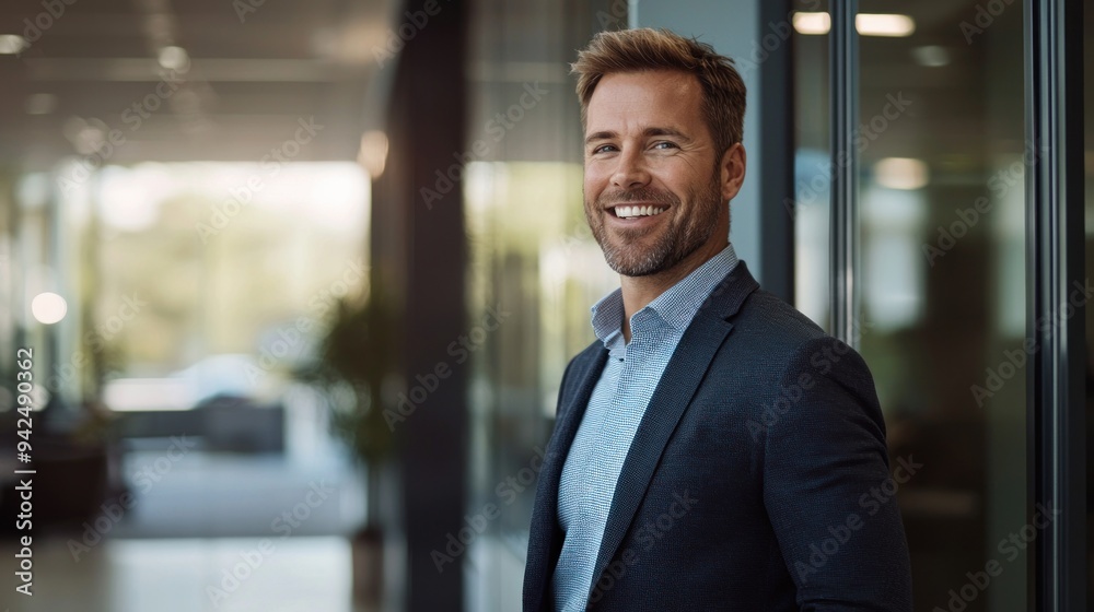Successful business man smiling as he stands outside a meeting room in a professional workplace. Caucasian male executive looking away in reflection of his business accomplishments. Successful business man smiling as he stands outside a meeting room in a professional workplace. Caucasian male executive looking away in reflection of his business accomplishments.