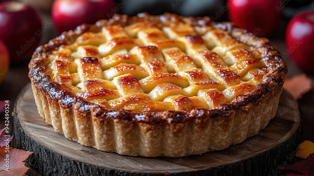 Apple pie decorated with lattice overhead shot, fall baking concept Apple pie decorated with lattice overhead shot, fall baking concept