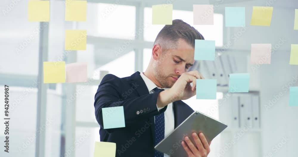 Business man, tablet and writing on glass board or sticky note for online ideas, data analytics and brainstorming solution. Worker or analyst on digital tech, planning and problem solving on window Business man, tablet and writing on glass board or sticky note for online ideas, data analytics and brainstorming solution. Worker or analyst on digital tech, planning and problem solving on window